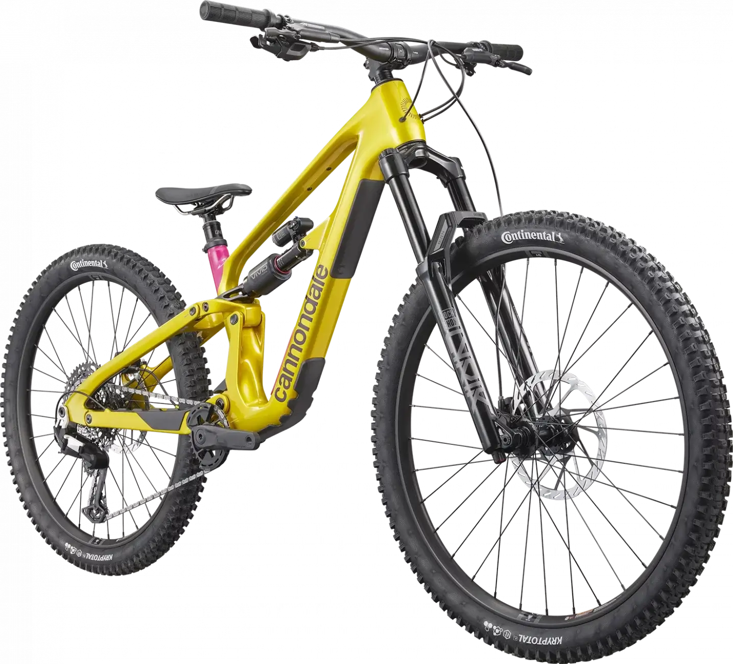 Cannondale Bad Habit 2 PYW rower górski w intensywnym żółtym kolorze z szerokimi oponami.