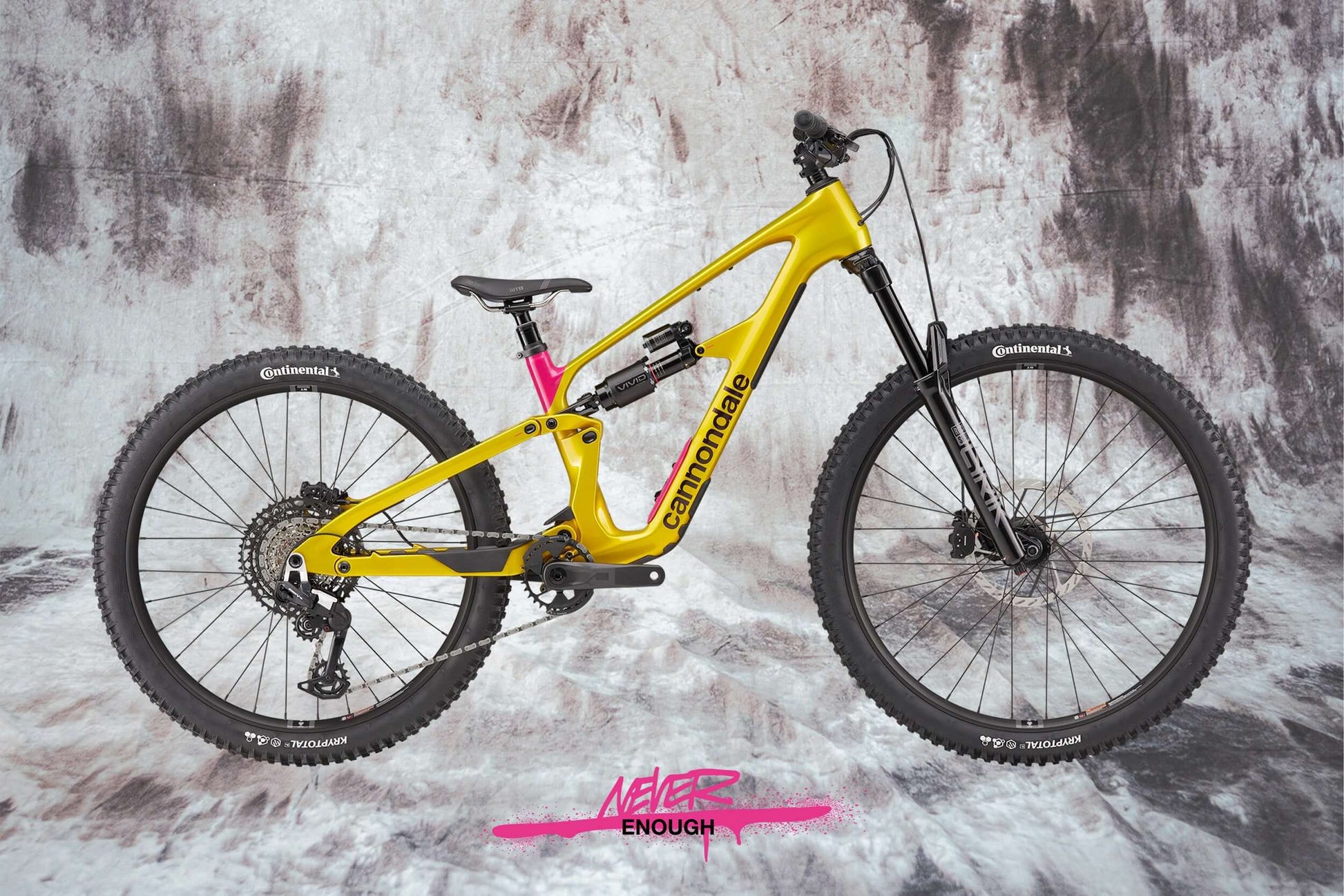 Cannondale Bad Habit 2 PYW mountain bike in vibrant yellow with wide tires for superior traction on trails.