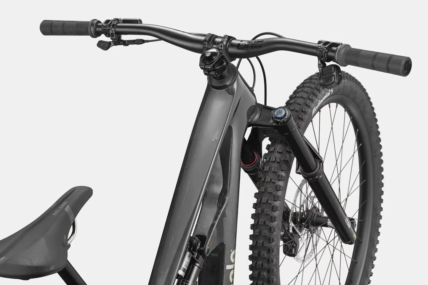 Cannondale Bad Habit 1 RAW handlebars and front suspension details, showcasing its advanced design and grip.