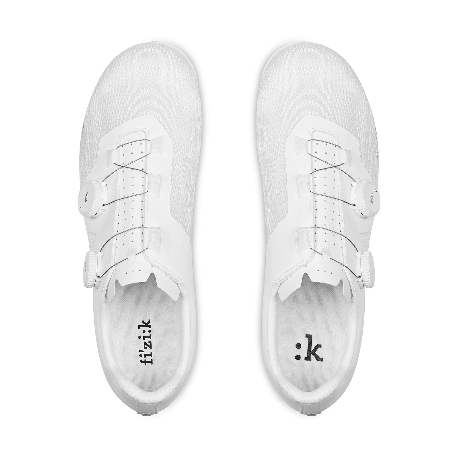 Buty Szosowe FIZIK Tempo Lyra White - widok z góry na eleganckie, białe buty szosowe z systemem wiązania BOA.