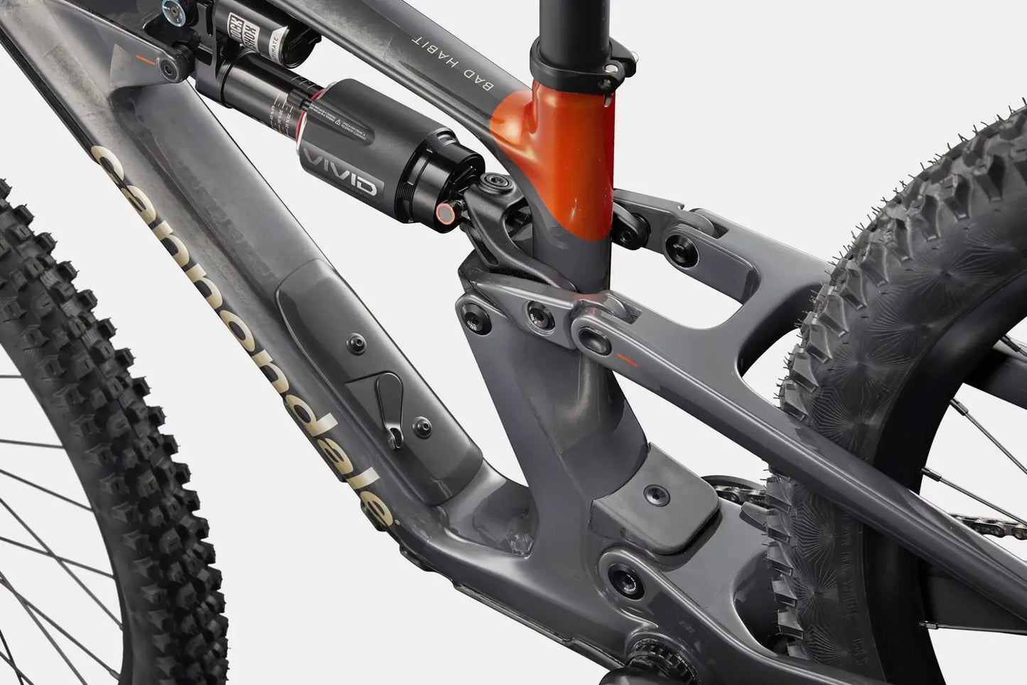 Cannondale Bad Habit 1 RAW close-up of frame components showcasing advanced suspension and carbon design.