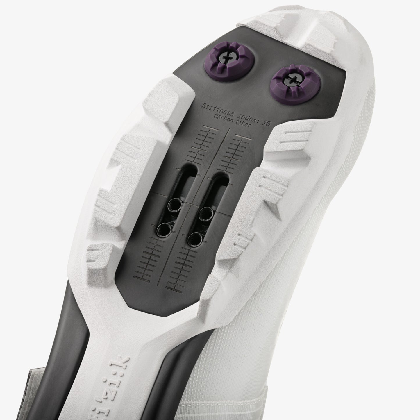 Fizik Vento Ferox 2 Carbon – White / Light Grey shoe sole showcasing carbon fiber construction and two-bolt cleat compatibility.