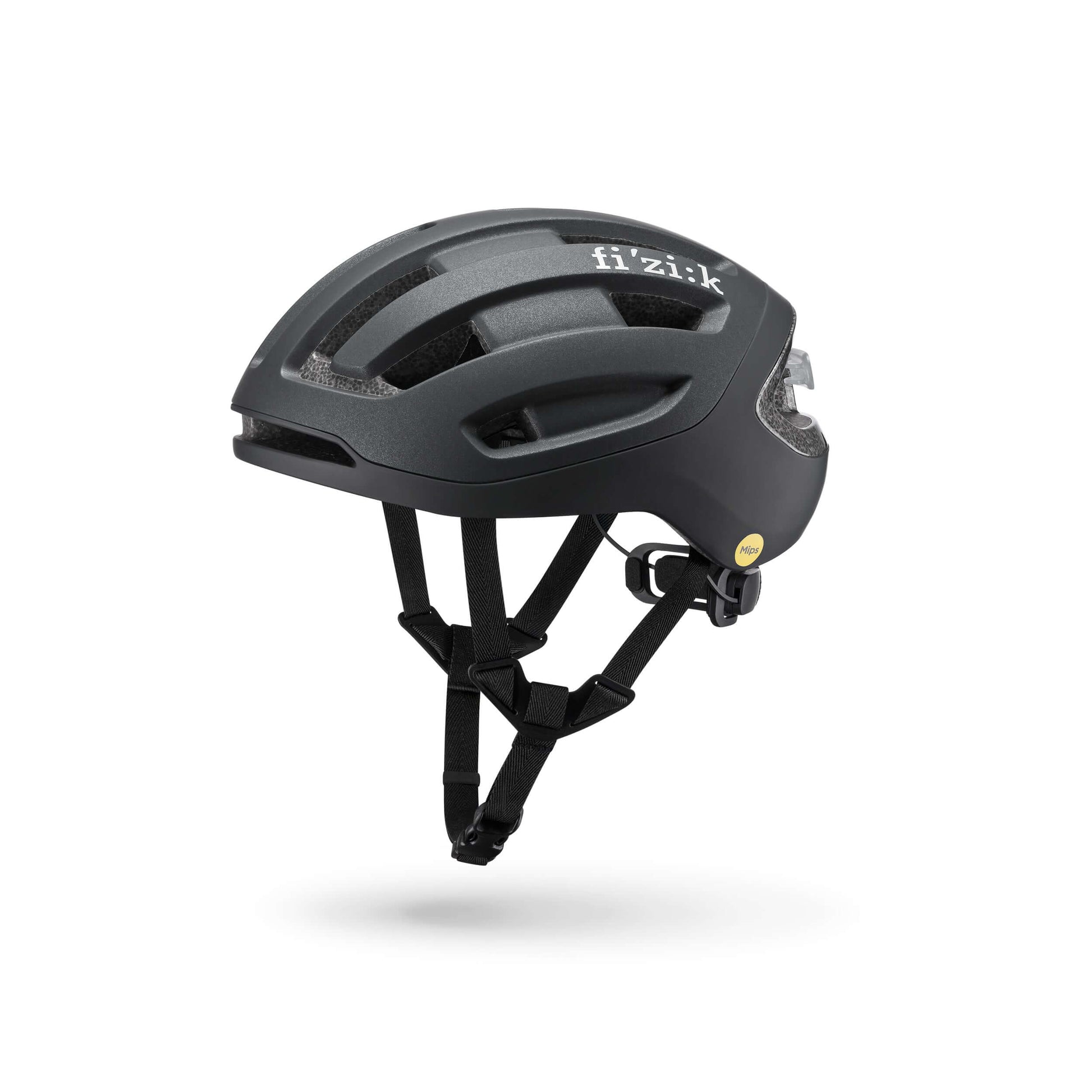 Kask rowerowy FIZIK Kyros Black na białym tle, oferujący bezpieczeństwo i doskonałą wentylację.