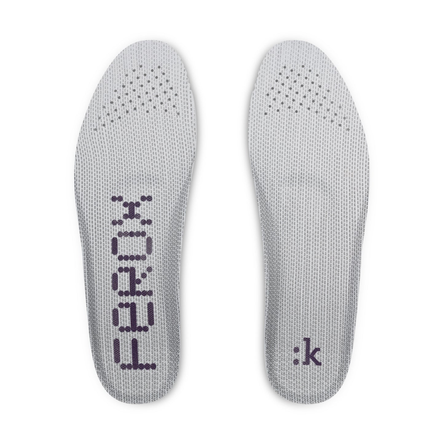 Fizik Vento Ferox 2 Carbon – White / Light Grey insoles with breathable mesh design and purple detailing.