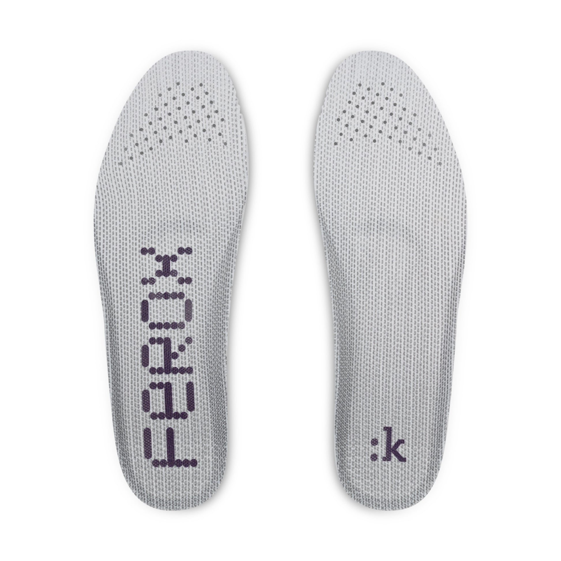 Fizik Vento Ferox 2 Carbon – White / Light Grey insoles with breathable mesh design and purple detailing.