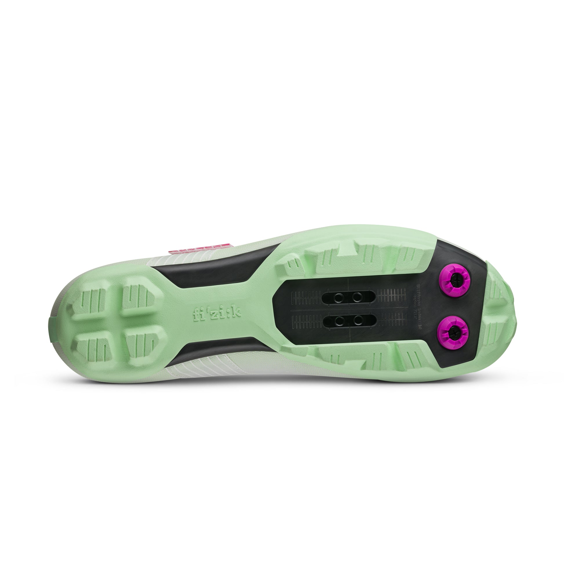 Fizik Vento Ferox 2.0 Light Grey - Mint Green shoe sole view with green and black details.