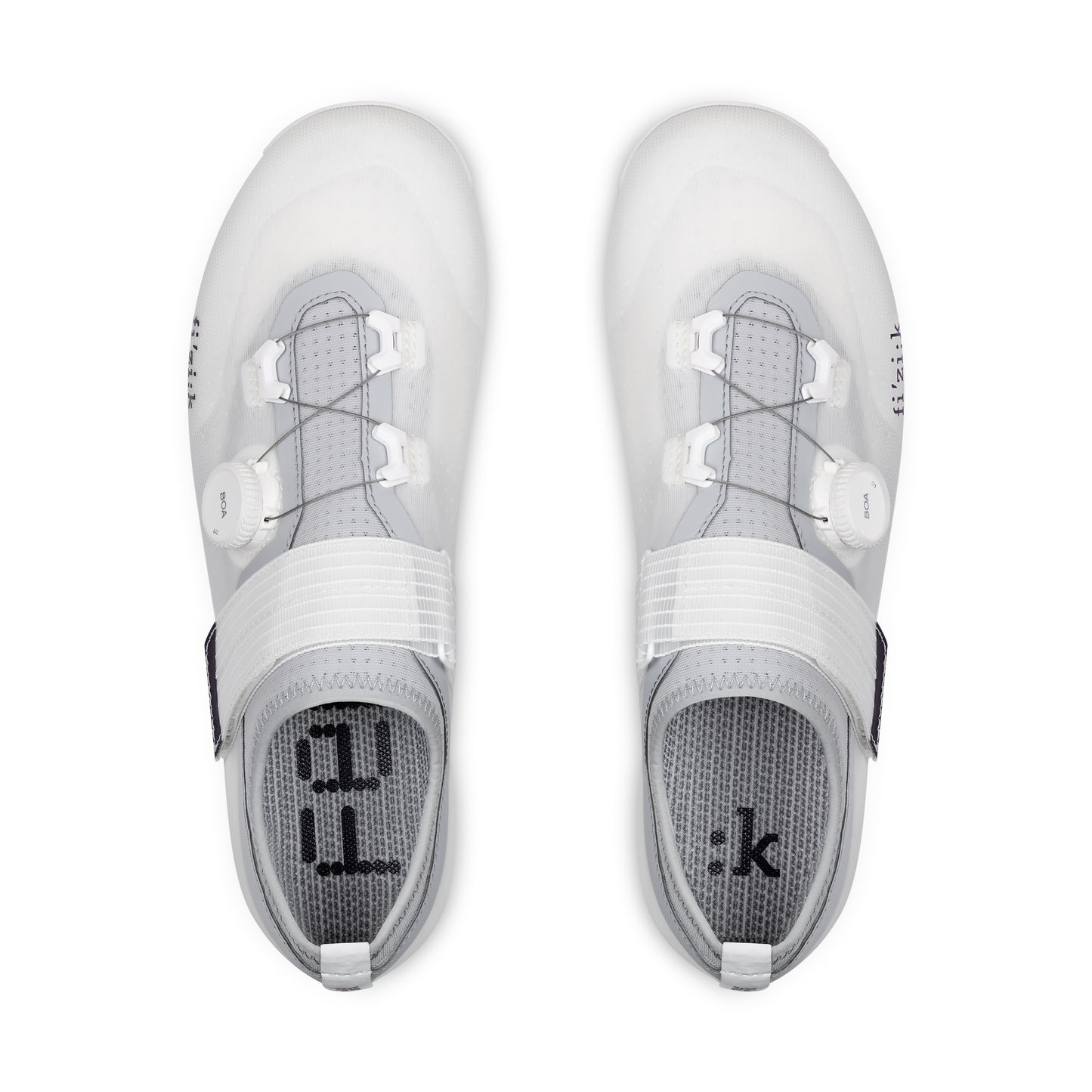 Fizik Vento Ferox 2 Carbon – White / Light Grey top view showcasing bike shoes with innovative design.