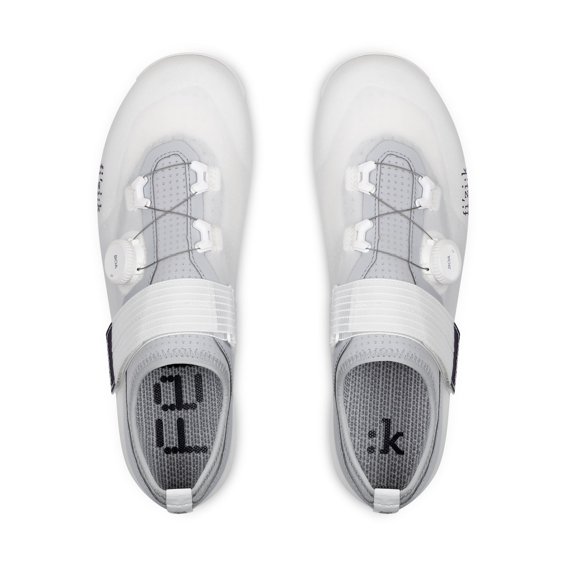 Fizik Vento Ferox 2 Carbon – White / Light Grey top view showcasing bike shoes with innovative design.