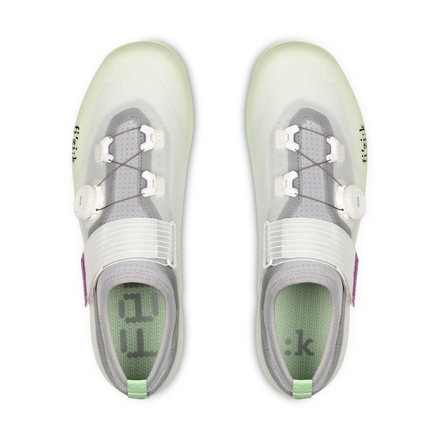 Fizik Vento Ferox 2.0 Light Grey - Mint Green cycling shoes top view featuring sleek design.