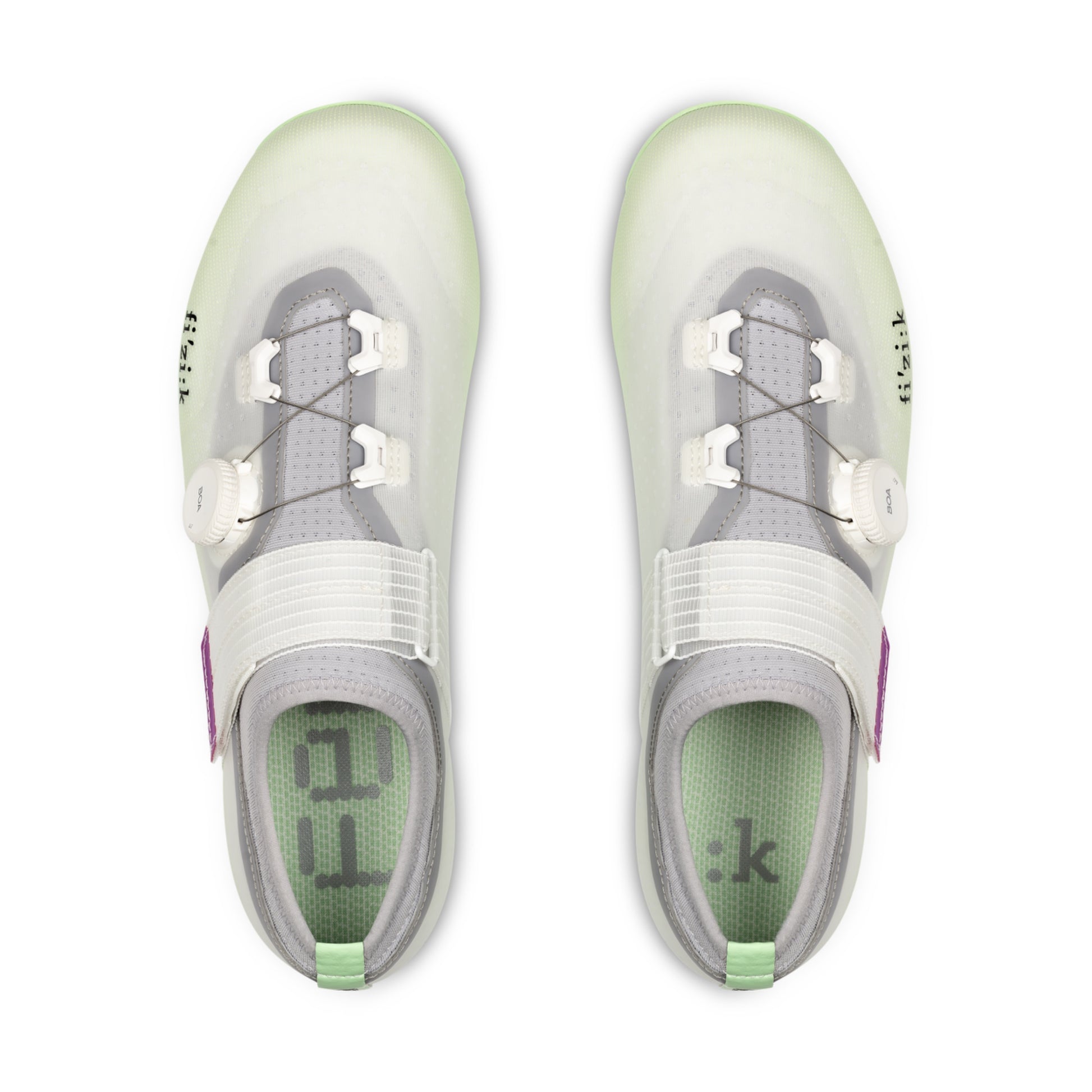 Fizik Vento Ferox 2.0 Light Grey - Mint Green cycling shoes top view featuring sleek design.