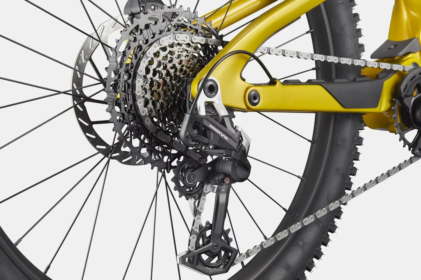 Cannondale Bad Habit 2 PYW rear derailleur and wheel detail showcasing advanced suspension and traction.