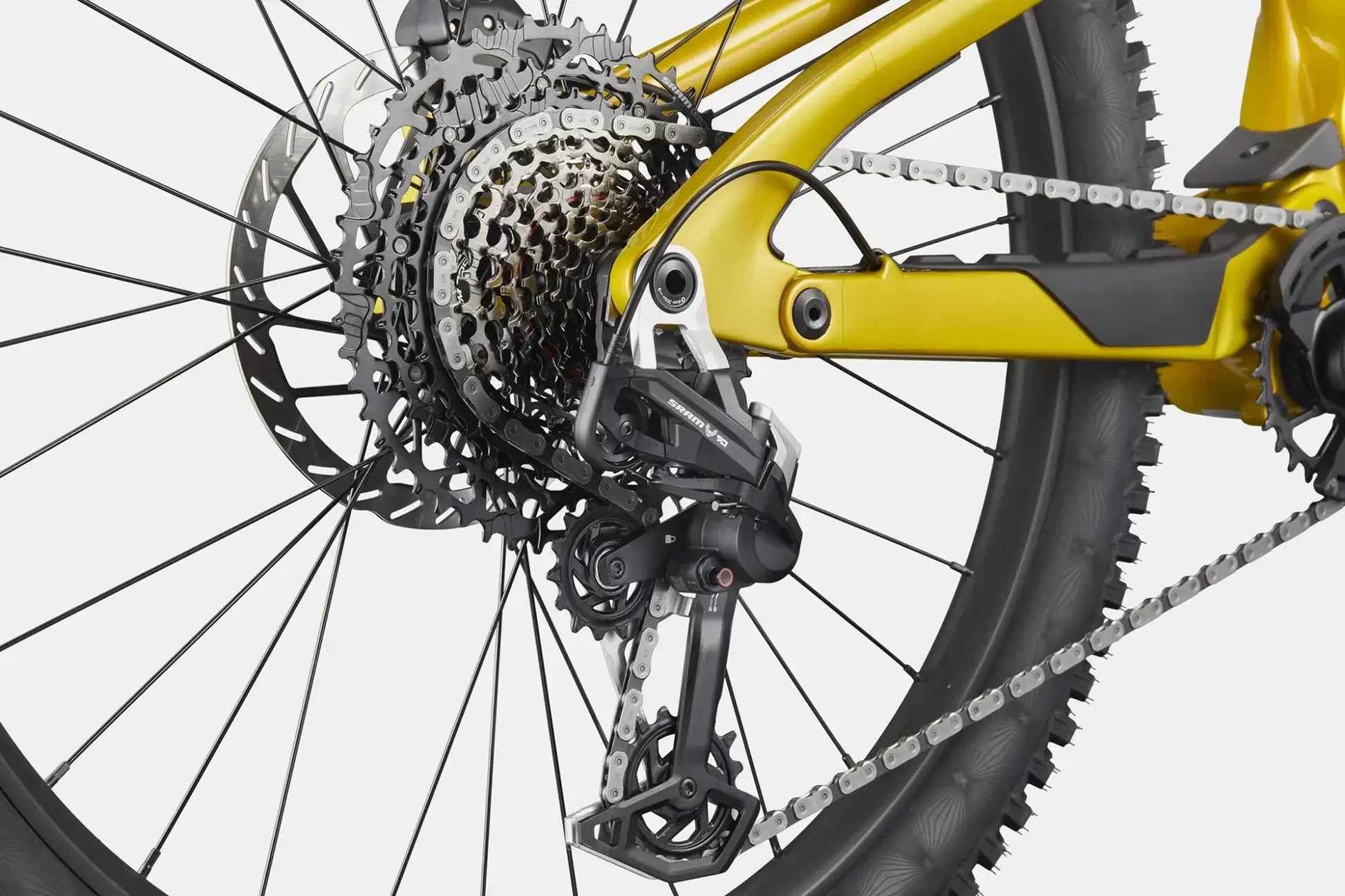 Cannondale Bad Habit 2 PYW rear derailleur and wheel detail showcasing advanced suspension and traction.